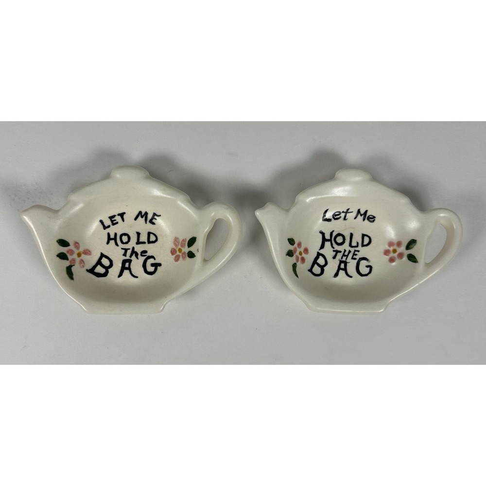 VTG Hand Painted Ceramic "Let Me Hold The Bag" Tea Bag Holder Set of 2 Signed
